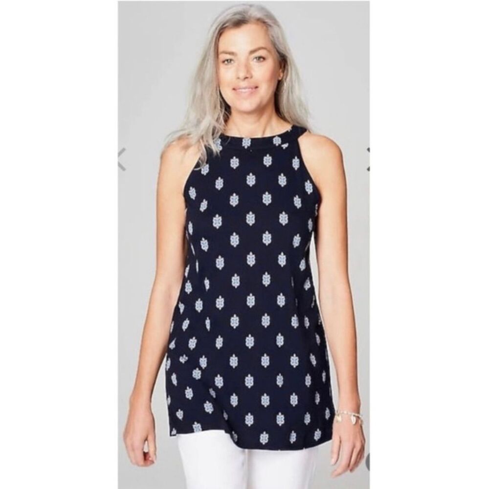 Sleeveless Tank Top Navy Blue Floral Print Halter Neck Casual